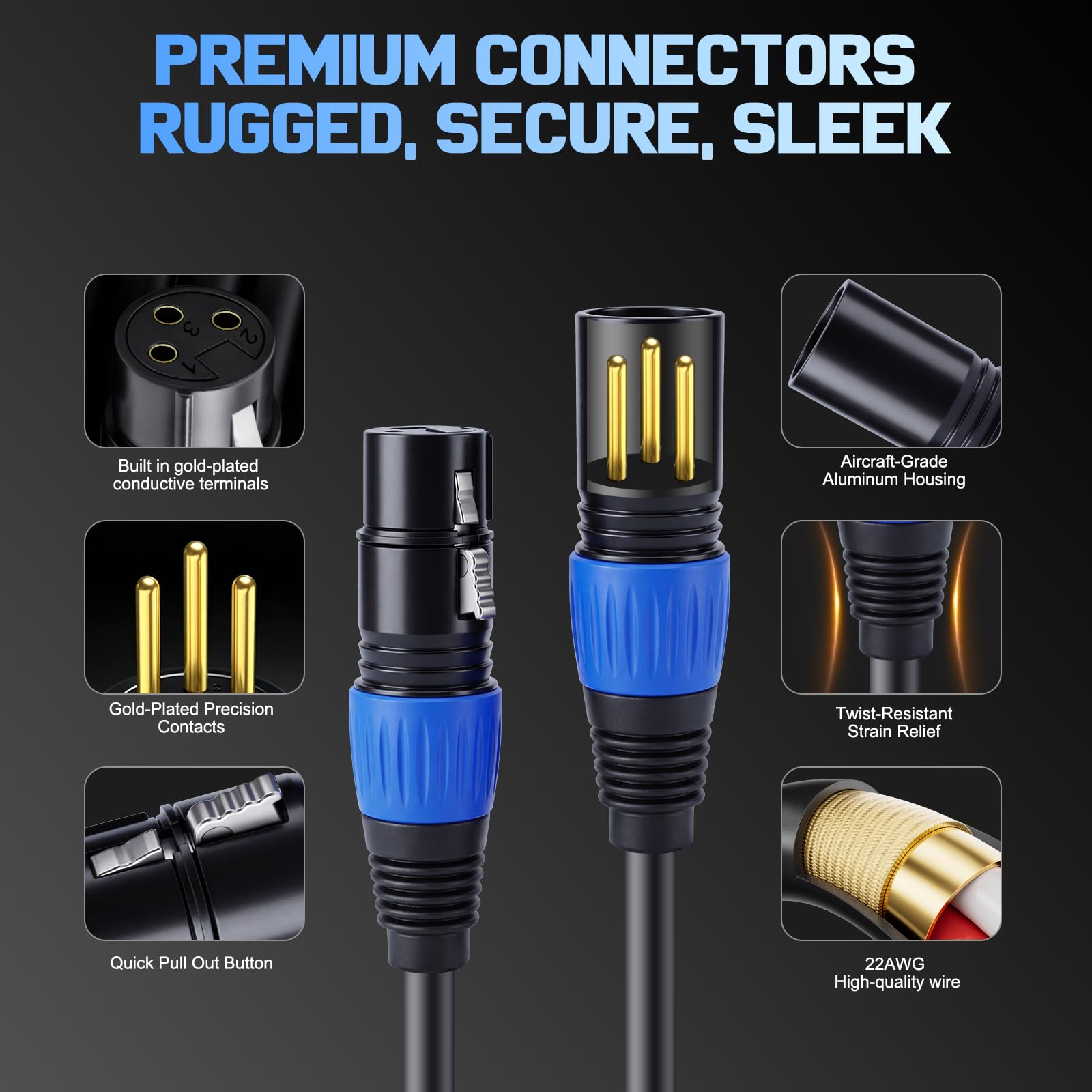 JIYEM 10ft 6-Pack XLR Cables, 3-Pin OFC Cords for Studio, Stage, DMX Mixer
