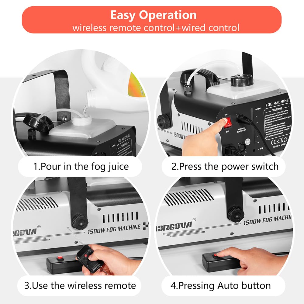 BORGOVA 1500W Fog Machine 2.2L Wireless Remote Stage Smoke Machine