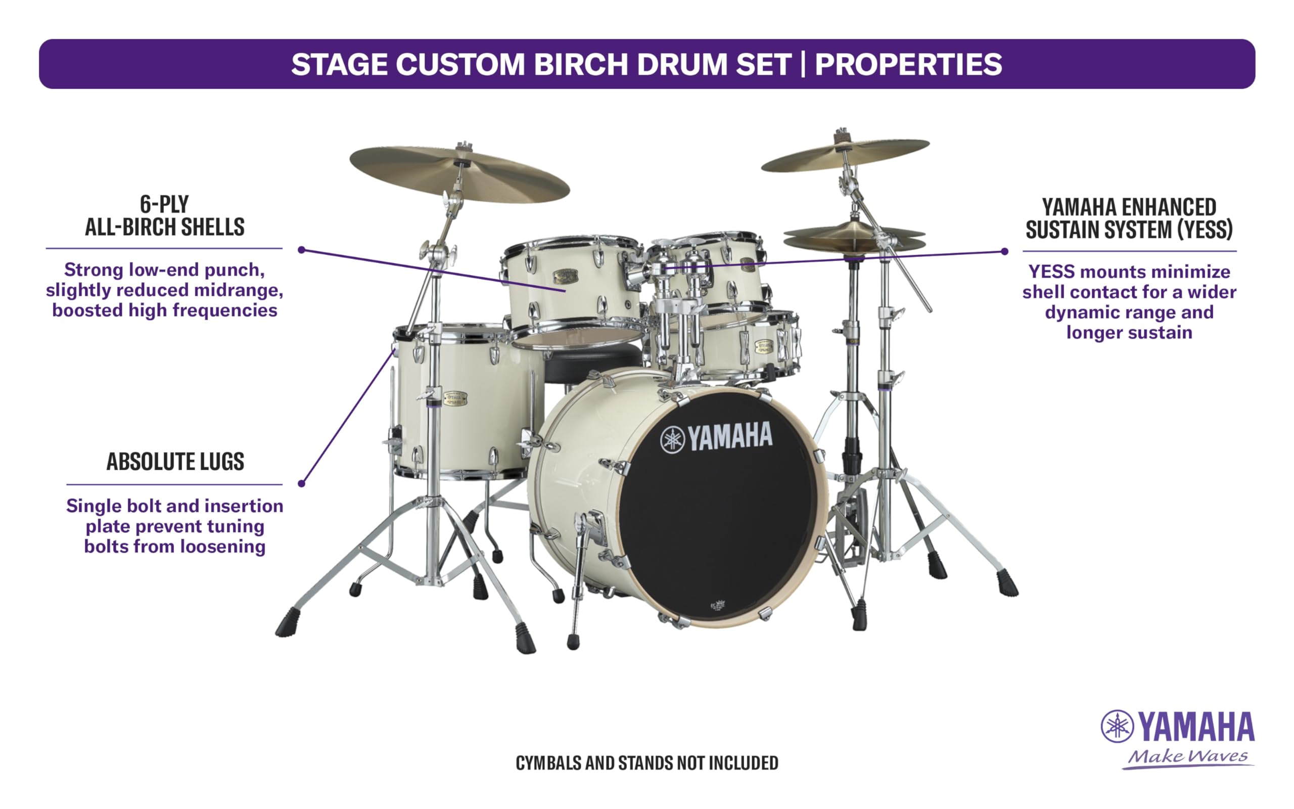 Yamaha SBP8F3CLW Stage Custom Birch Bop 3-Piece Drum Shell Pack ? Classic White ()