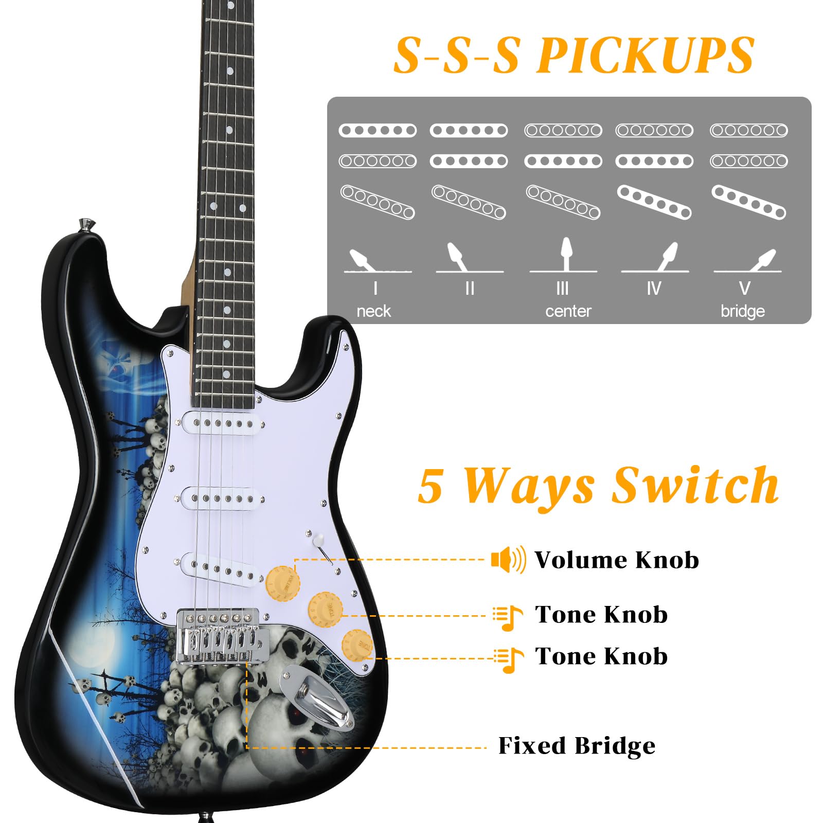 Ktaxon 39 Inch Electric Guitar Solid Body Beginner Kit with Bag Blue White