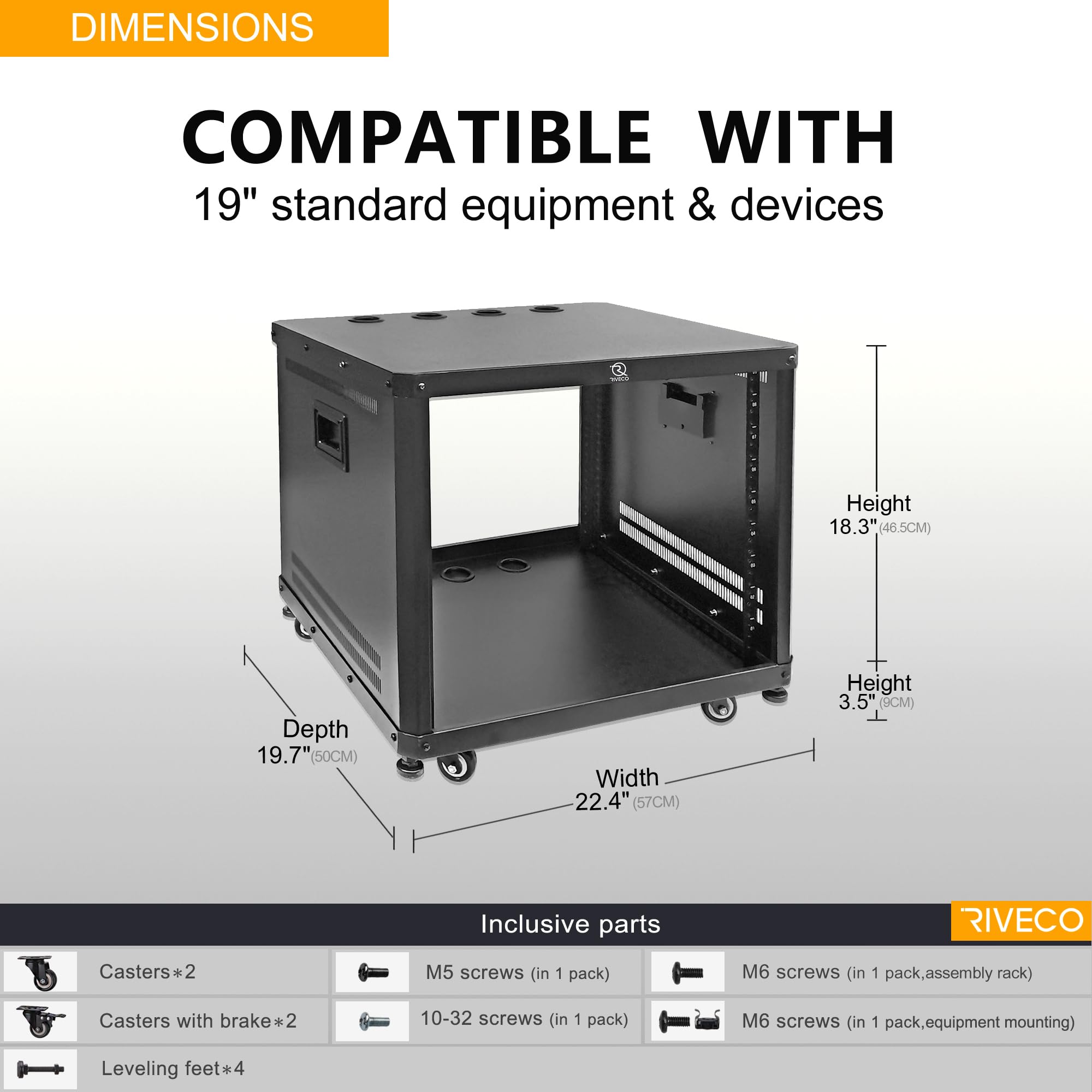 RIVECO 9U Network & Audio Rack with Feet & Wheels, Obtuse Angel Server Rack Cabinet, Rolling Studio Rack Case with Adjustable Depth Rails for 19″ Stereo Recording & IT Equipment Mounting 1PCS