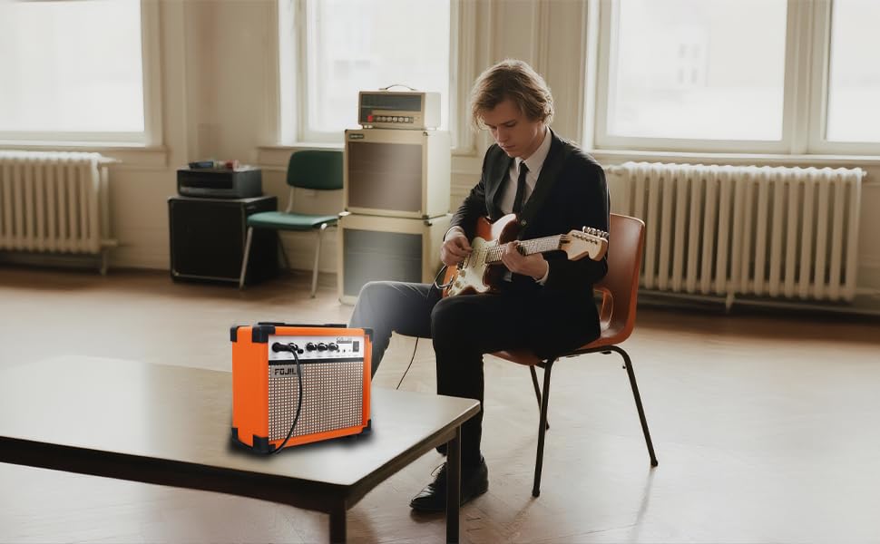 Fojill 20W Watt Electric Guitar Amplifier Amp Practice Small Portable Travel Mini Amp with 3.5 Headphone Jack Aux Distortion Gain Treble Bass Volume (Orange, 20W)