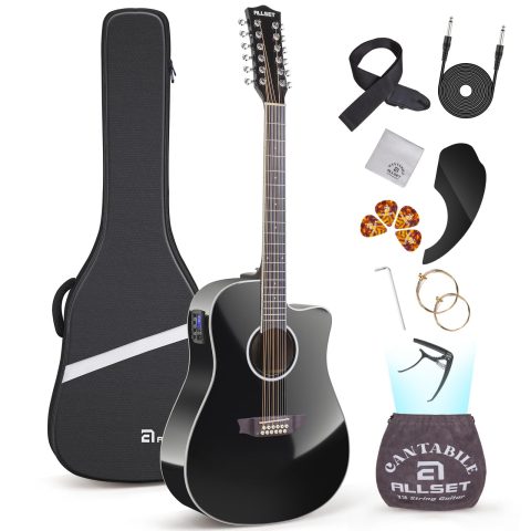 ALLSET 12 String Guitar | Acoustic Electric 12 String |42″ Full Size Guitar for Beginner/Adult Fingerstyle | Spruce Top Cutaway | Gig Bag, AUX Strap,Strings,Strap|Gloss Black Finish | A12-BK