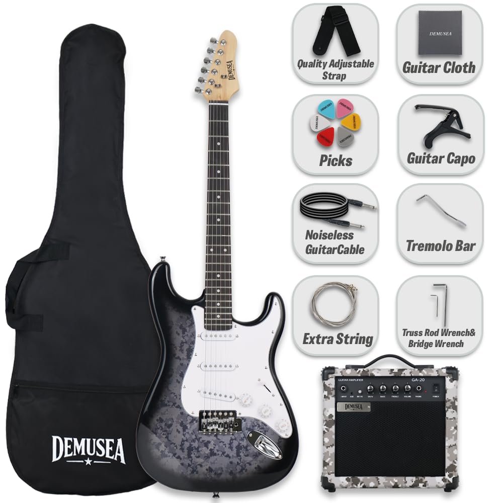 Digital Camouflage Black Full‑Size Beginner Kit Electric Guitar Set with 20W Amplifier Gig Bag Capo Extra Strings Strap Picks Noiseless Cable(ST.Camo Grey)