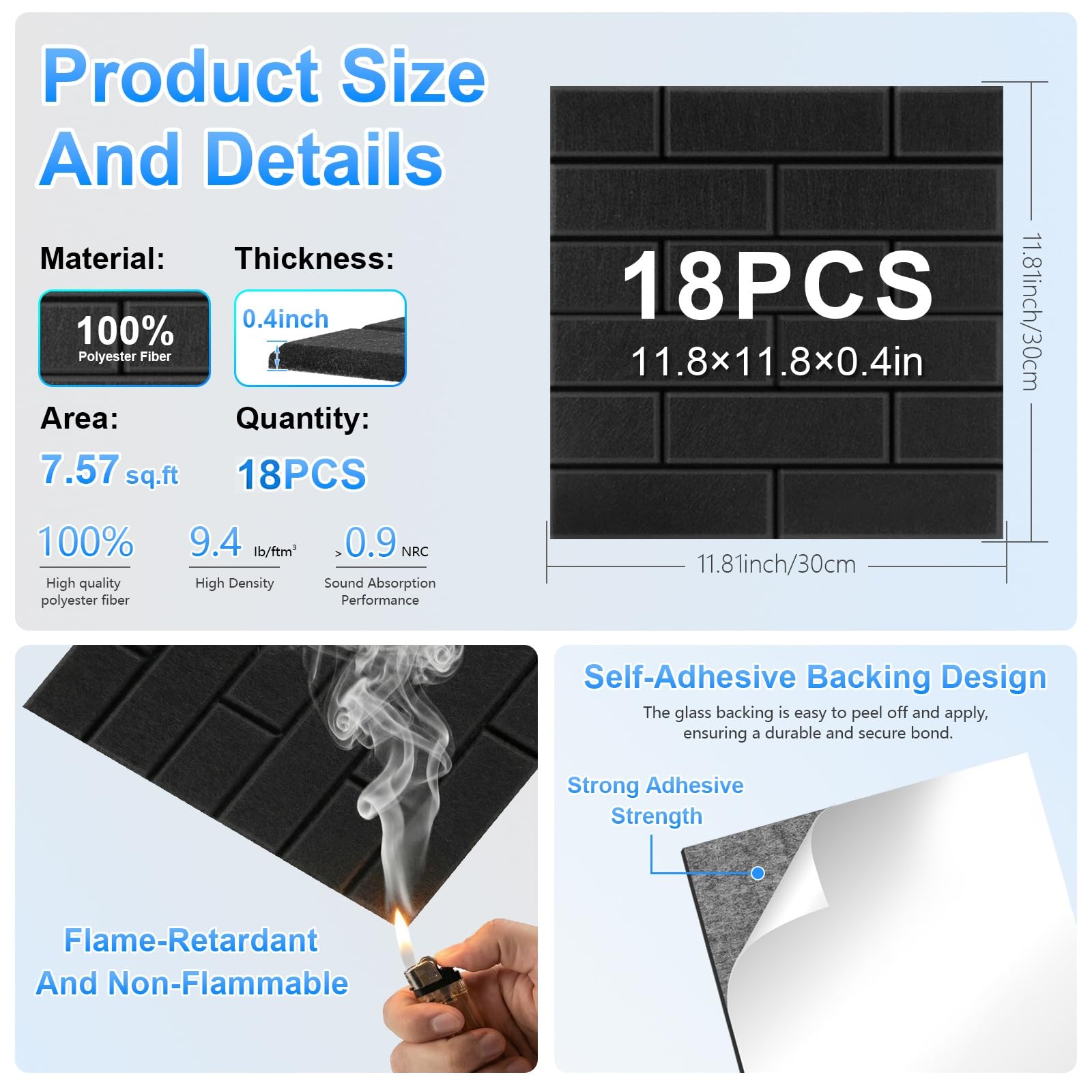 18 Pack Acoustic Panels,Sound Proof Foam Panels for Walls,High Density Self-Adhesive Noise Reduction Panels,Flame Retardant, Flame Retardant & Echo-Absorbing Ideal for Home DIY, 12″ X 12″ X 0.4″ Black