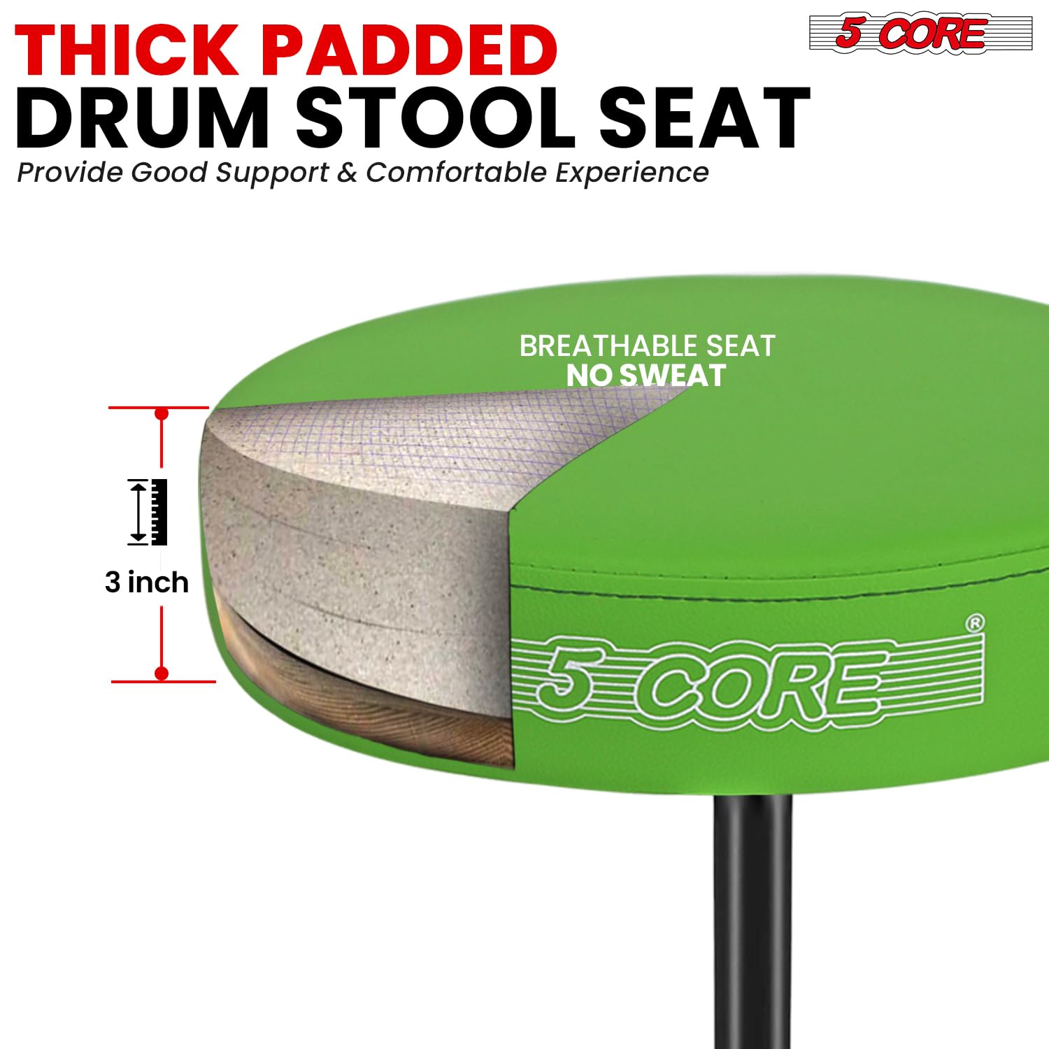 5 CORE Drum Throne Padded 3″ Seat Adjustable Drumming Stool Green