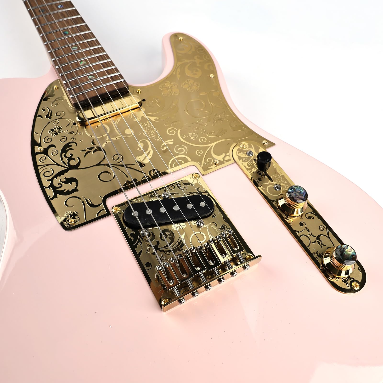 OVSAL Stainless Steel Engraved Electric Guitar Control Plate 2-Hole Mount 8.5mm (21/64″) Control Panel Compatible with Most Telecaster Tele Style Guitar Replacement Parts(Gold)