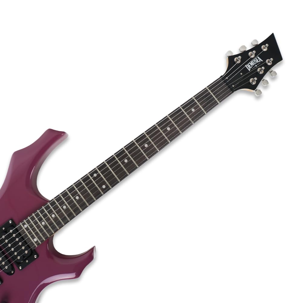 Demusea Purple Color Unique Cool Shape Electric Guitar Beginner Kit With Non-Rechargeable 20W Amp HSH Pickup 24Fret 25.5 Inch Scale Length 1V 1T 5Ways Toggle Solid Body Maple Neck Full Accessories In
