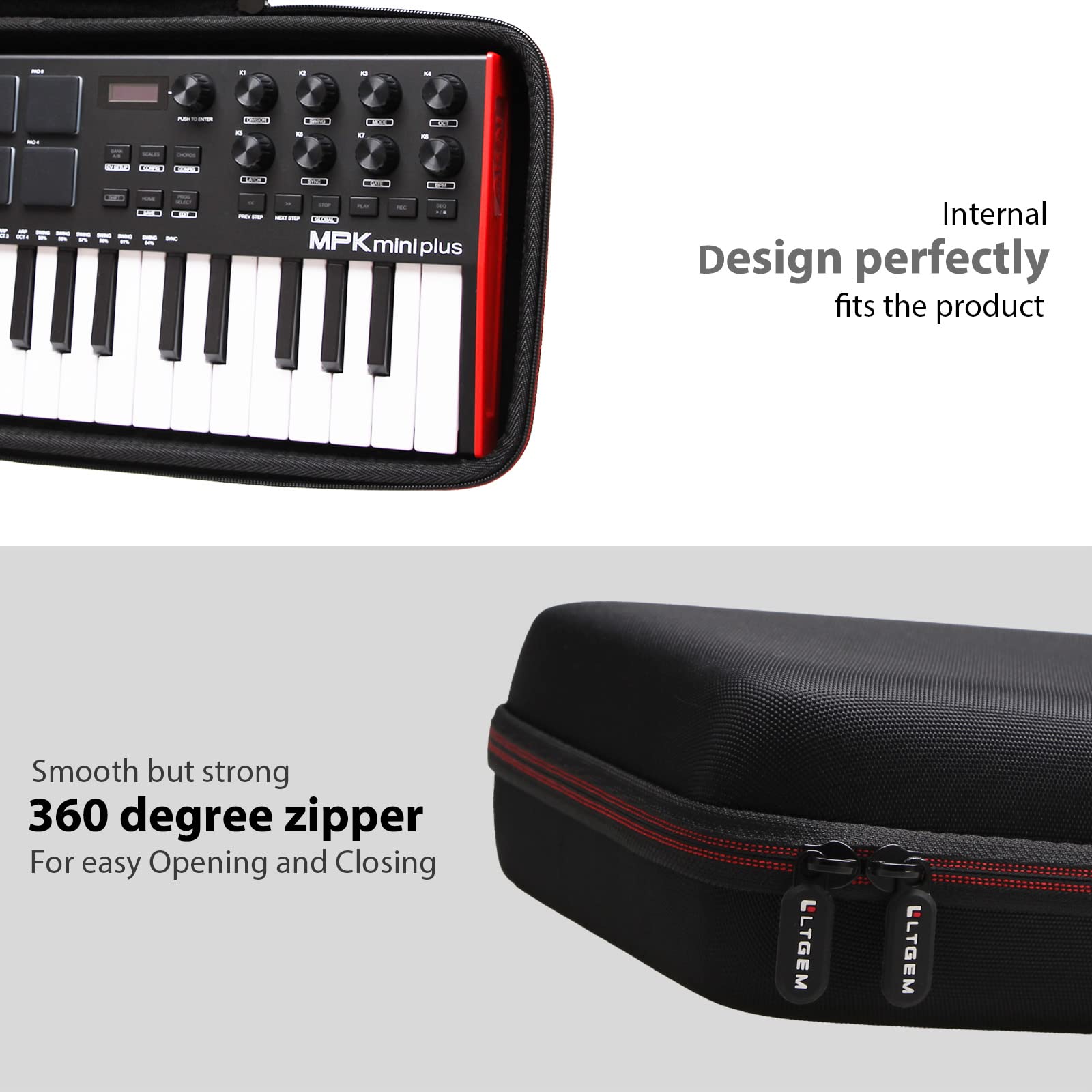LTGEM Hard Travel Case for Akai Professional MPK Mini Plus USB MIDI Keyboard Controller with 37 Mini Keys – Protective Carrying Storage Bag (Black+Black)