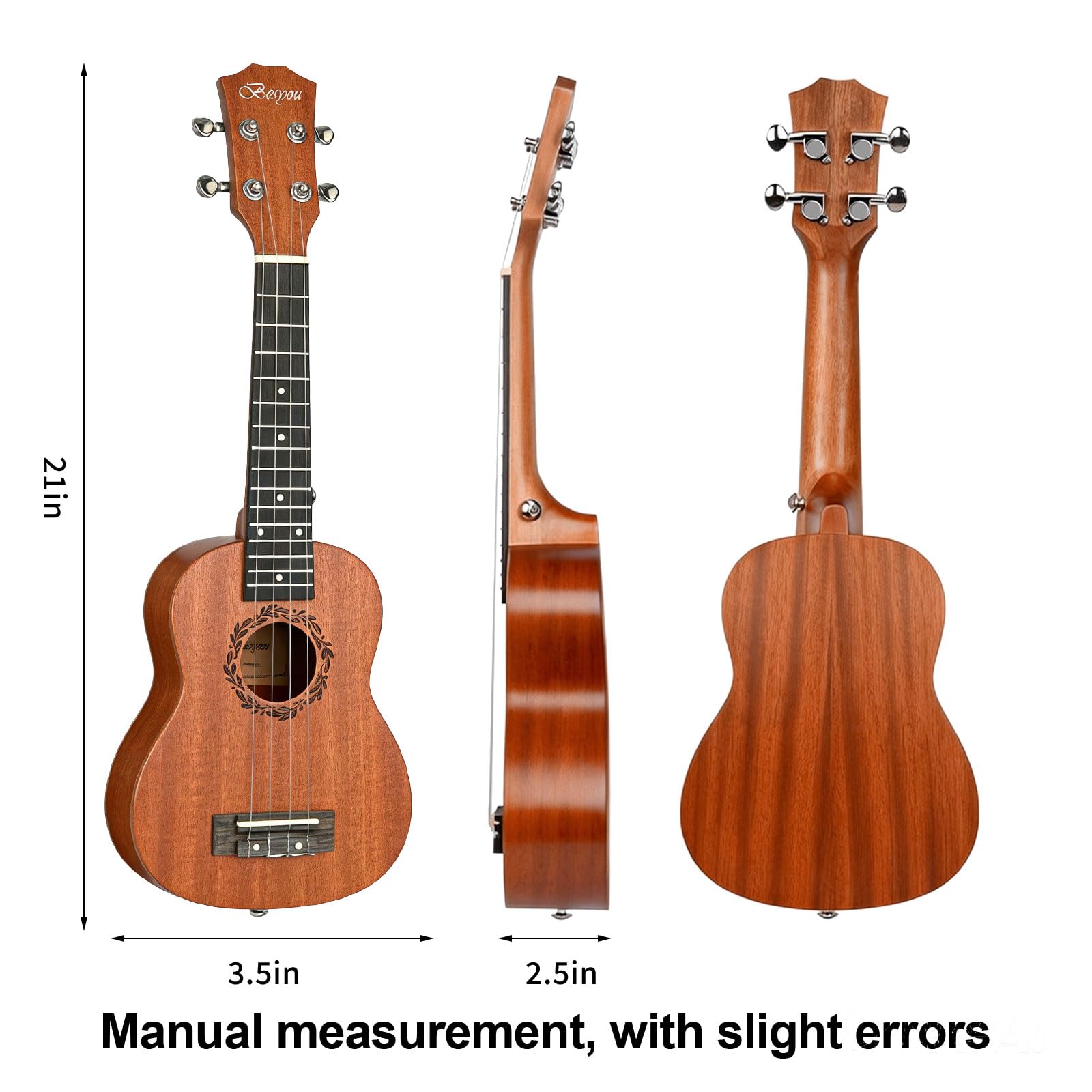 Besyou 21 Inches Beginner Ukulele Kids Travel Student Uku Wooden Soprano Mahogany Ukelele Kits with Tuner Gig Bag Strap Carbon Nylon String Picks Cloth Gift Choice (Ma)