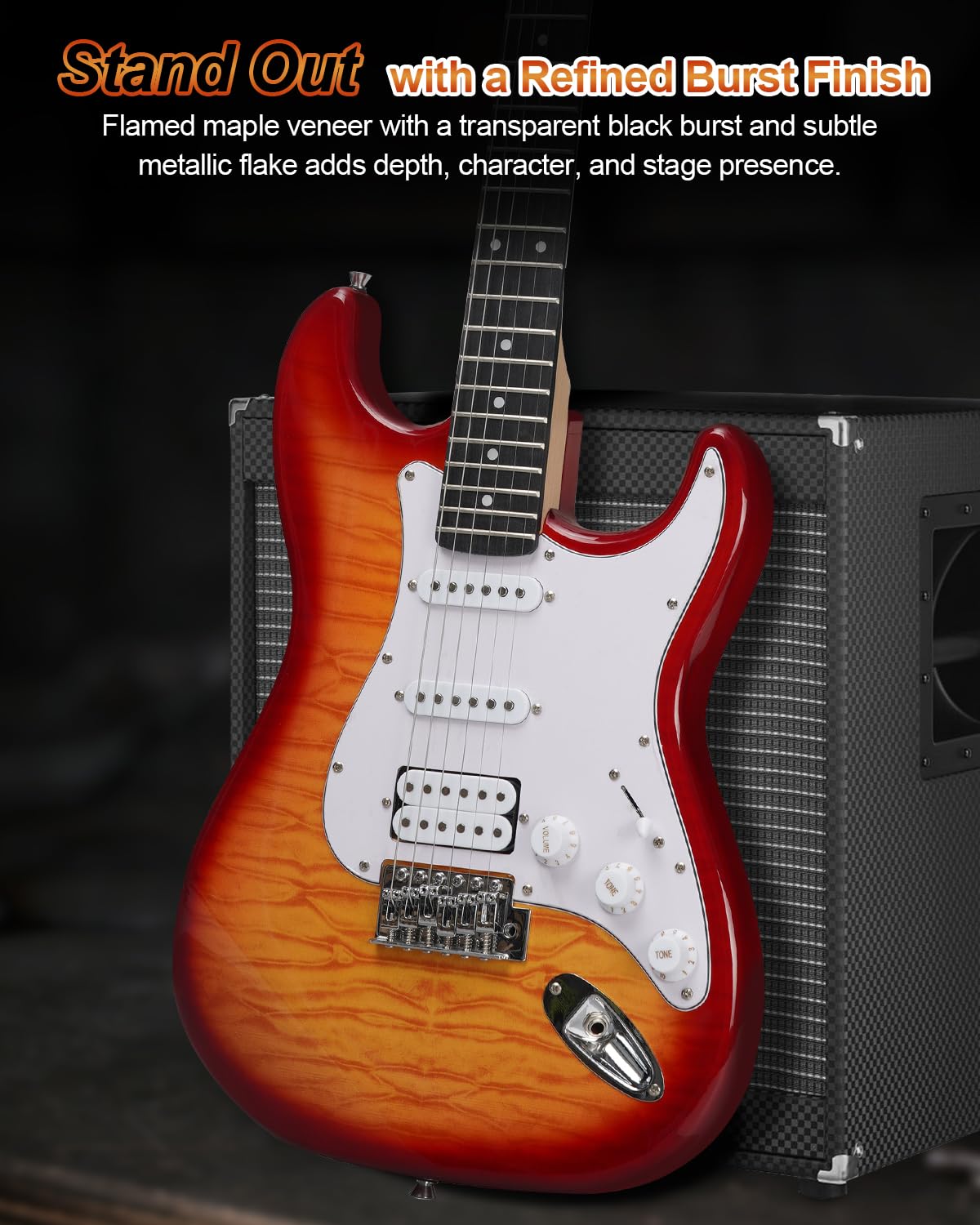 Umelody UST-200 Beginner Electric Guitar Kit HSS Pickup, Versatile 5-Way Switch for Clean to High-Gain Tone, Full-Size ST Style Guitar for Starter & Intermediate Players, Gig Bag (Amber)