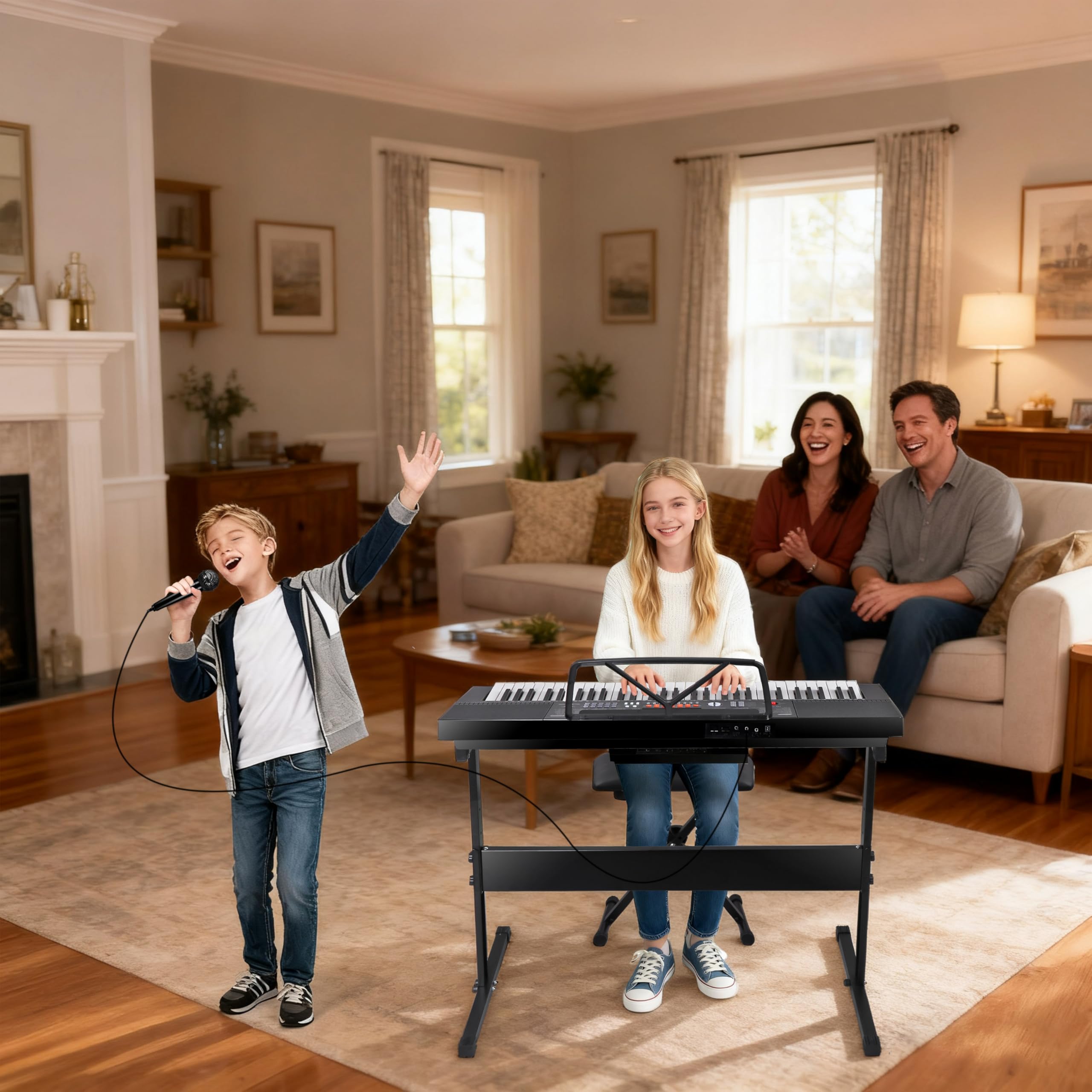 Smartxchoices 61-Key Electronic Keyboard Piano Stand Portable LED Display Keyboard Kit with Adjustable Stand, Adjustable Stool, Headphones, Microphone & Music Rest