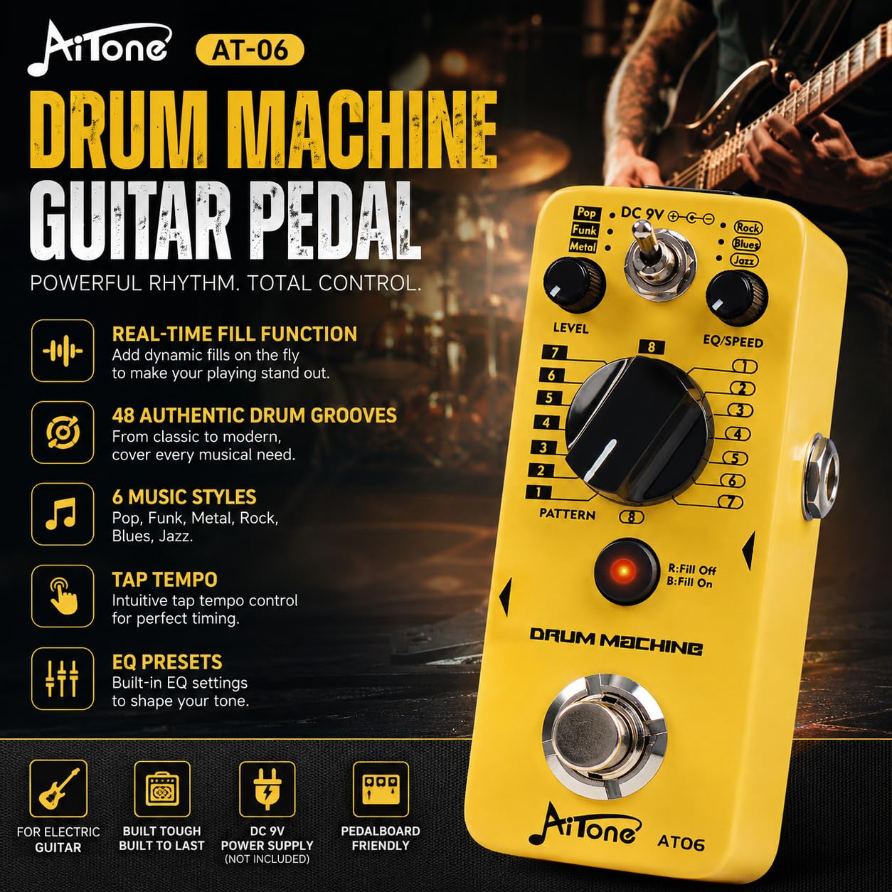 AITONE AT-06 Drum Machine Guitar Pedal with Real-Time Fill Function 48 Drum Grooves 6 Music Styles & Tap Tempo EQ Presets for Electric Guitar