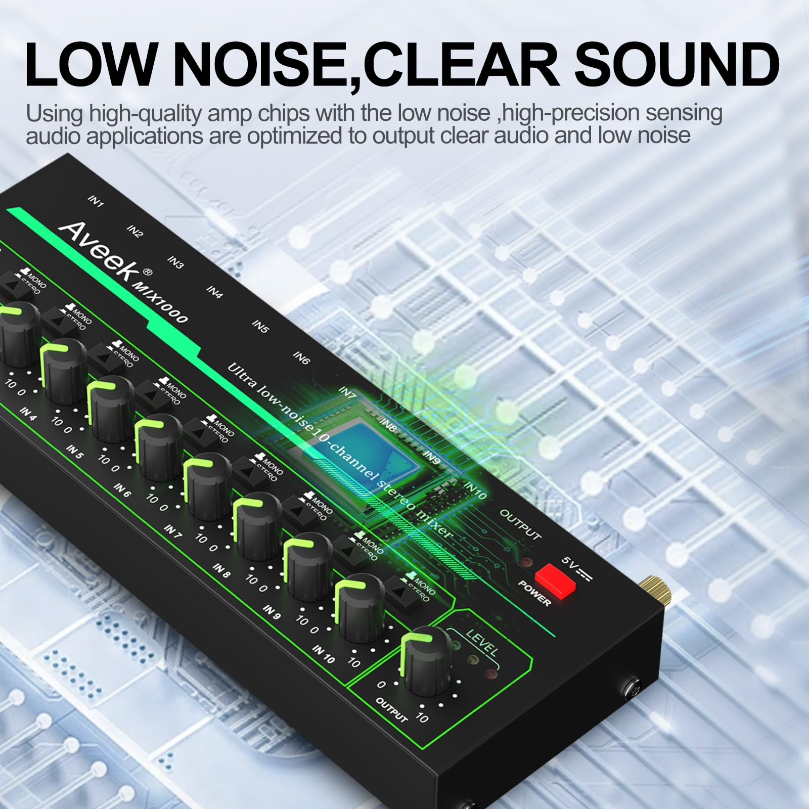 Aveek Mini Audio Mixer, Ultra-Low-Noise 10 Channel Stereo Line Mixer