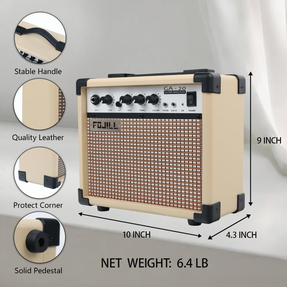 Fojill 20W Watt Electric Guitar Amplifier Amp Practice Small Portable Travel Mini Amp with 3.5 Headphone Jack Aux Distortion Gain Treble Bass Volume (Cream, 20W)