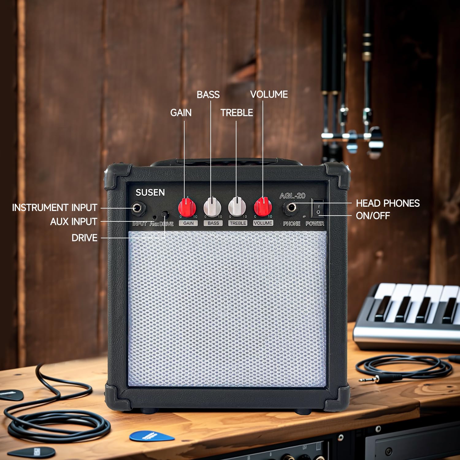 Electric Guitar Amplifier 20 Watt Amp Portable Amp with Headphone Input Gain Powe Including Professional Noise Reduction Cable (White)
