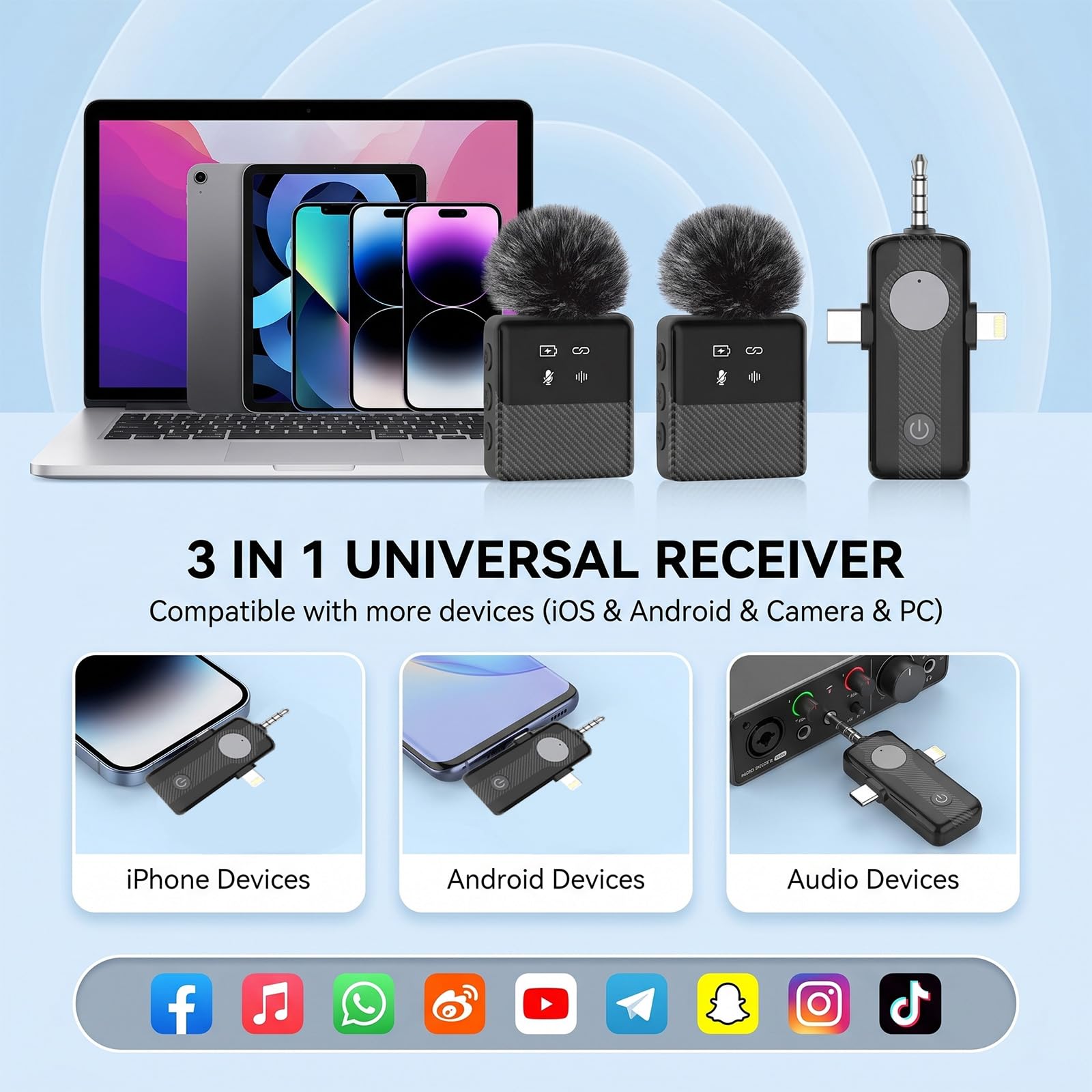 DORNLAT Wireless Lavalier Microphone, 3 in 1 Plug Play Lapel Mic for iPhone/Android/Camera, Noise Cancelling, Mini Compact Lavalier Mic for Vlog, YouTube, TikTok, Live Streaming, Record Interview