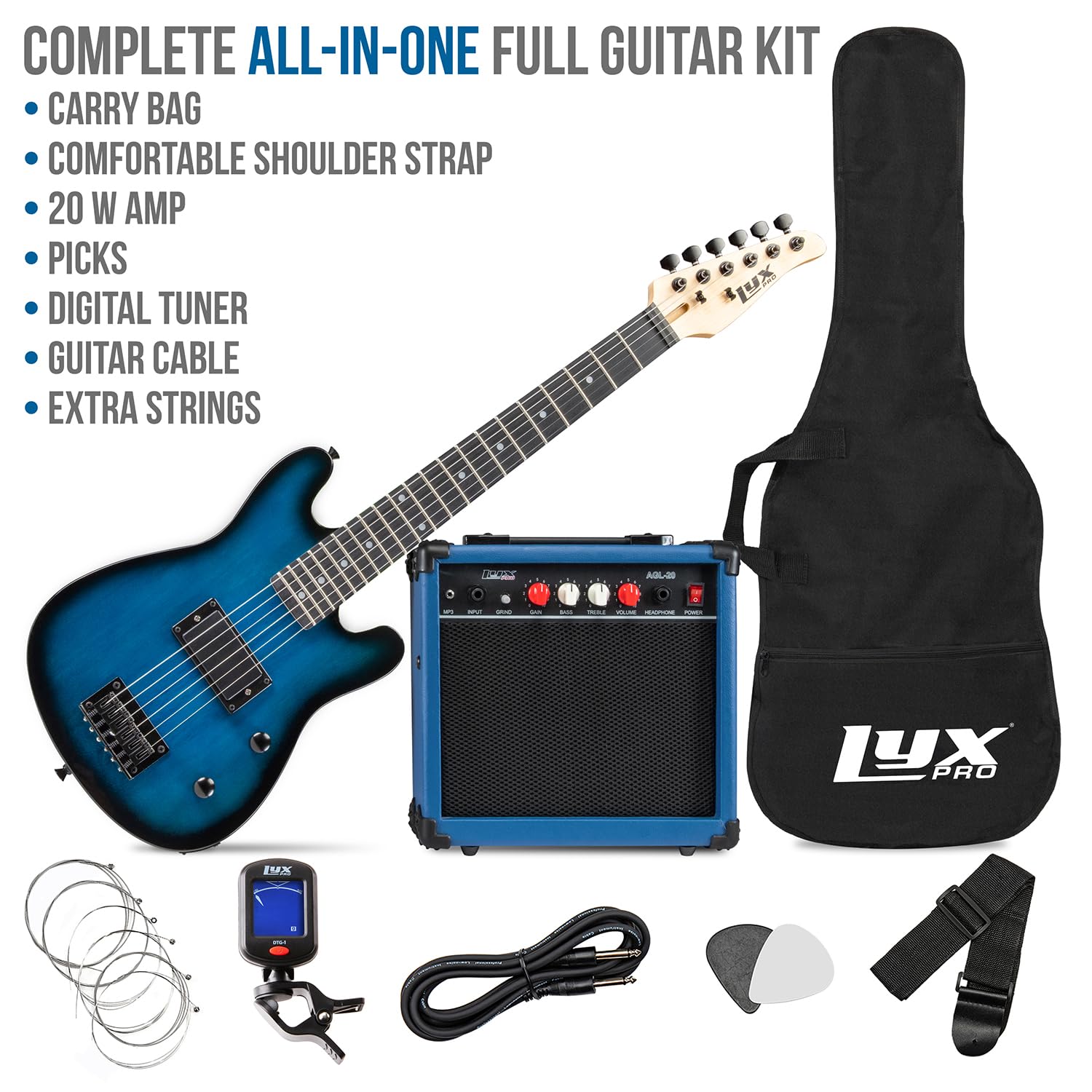 LyxPro 30 Inch Electric Guitar and Starter Kit for Kids with 3/4 Size Beginner’s Guitar, Amp, Six Strings, Two Picks, Shoulder Strap, Digital Clip On Tuner, Guitar Cable and Soft Case Gig Bag – Blue