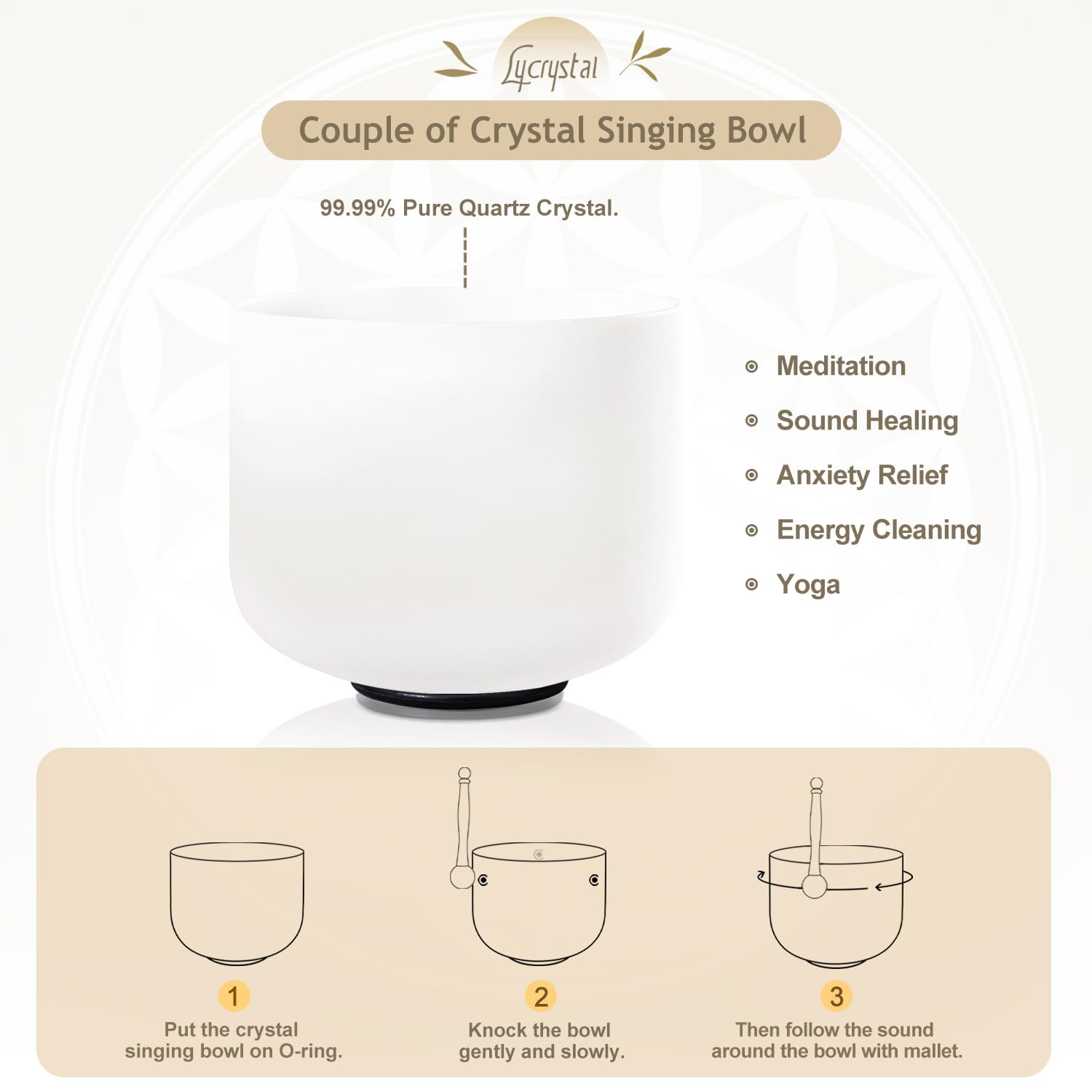 Lycrystal Couple of 2 PCS Crystal Singing Bowl Set, 8″F and 10″ C Note