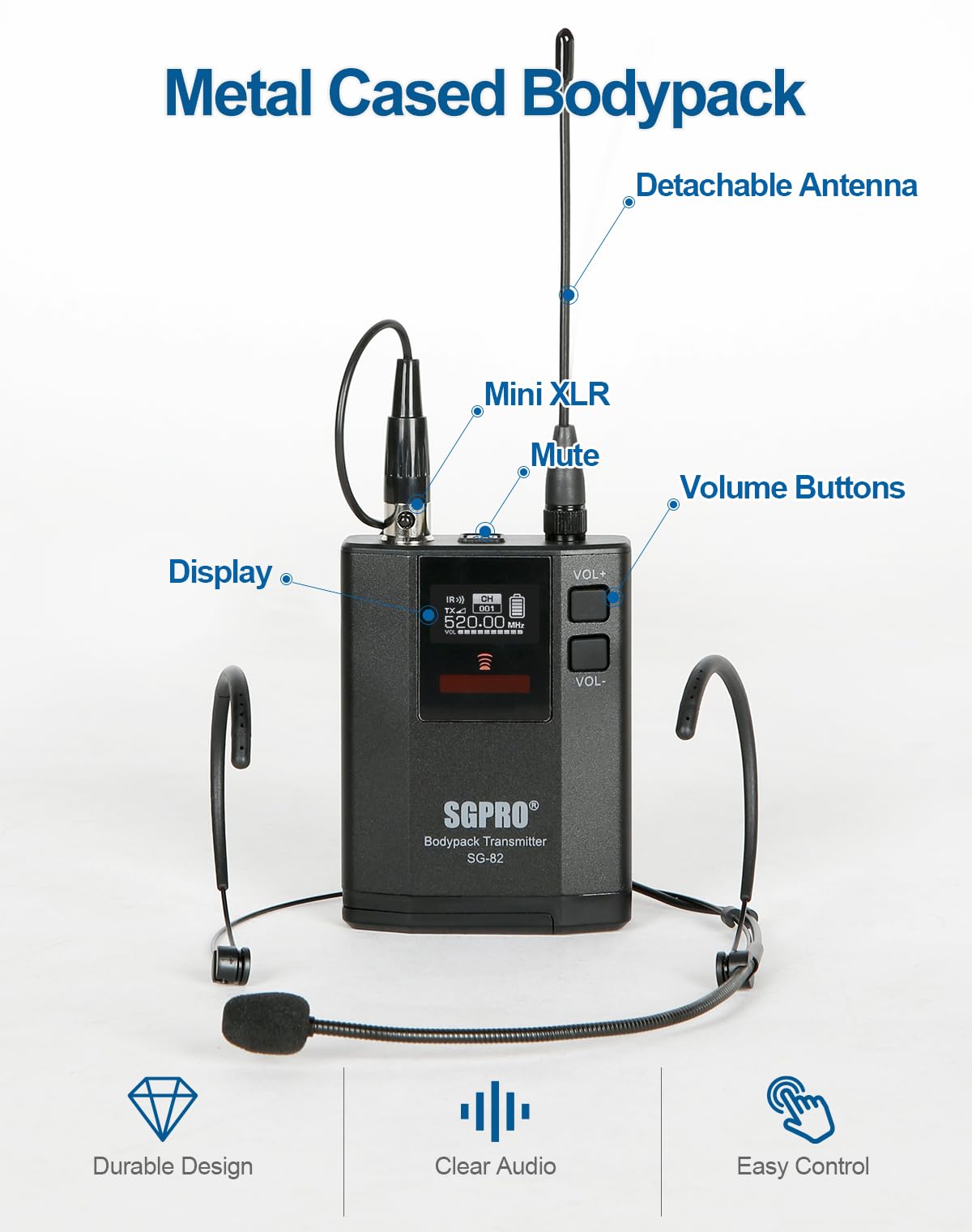 SGPRO SG-82BB Dual Wireless Microphone System, 520-590 MHz