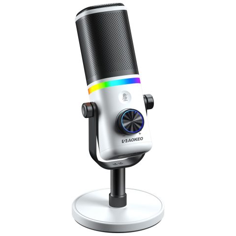Aokeo Microphone for PC, AK-10 USB/XLR Dynamic Desktop Microphone for Gaming,Podcast,Streaming with RGB Light,Volume Control,Mute Button,Noise Reduction(White)