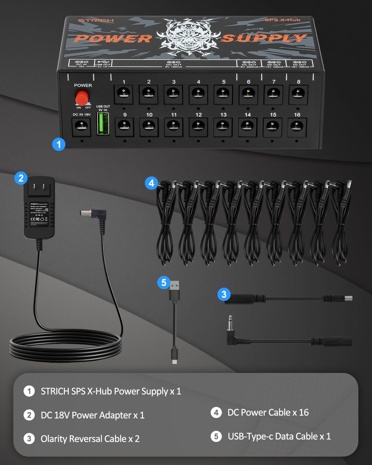STRICH SPS X-Hub Guitar Pedal Power Supply, 16 Outputs, 9V/12V/18V