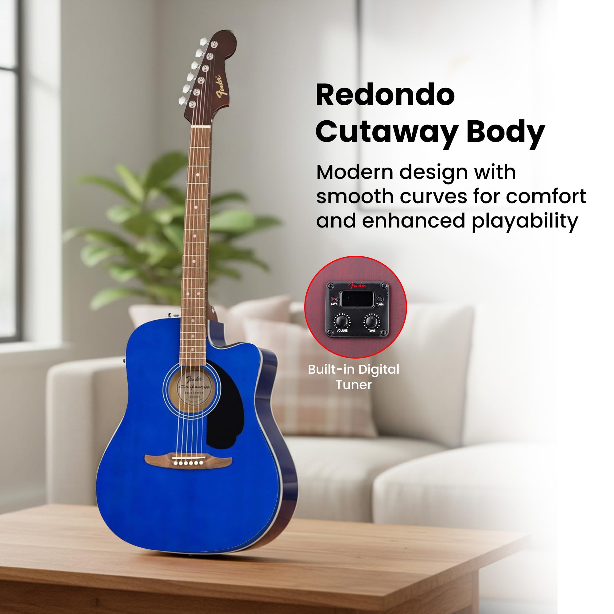 Fender California Redondo CE Acoustic-Electric Guitar – Saphire Blue Bundle with Case, Strings, Picks, and Austin Bazaar Instructional DVD