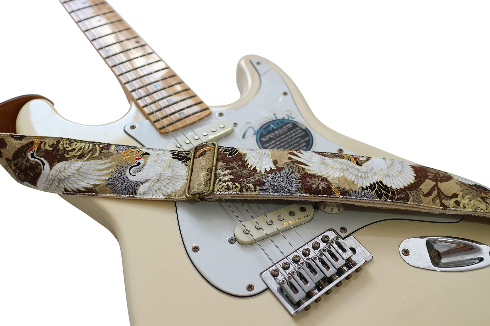 MUSIC FIRST Original Design, 2 inch width (5cm), Vintage Ukiyoe Style Chrysanthemum & Crane in Tan Electric Guitar Strap Bass Strap (Chrysanthemum & Crane in Tan)