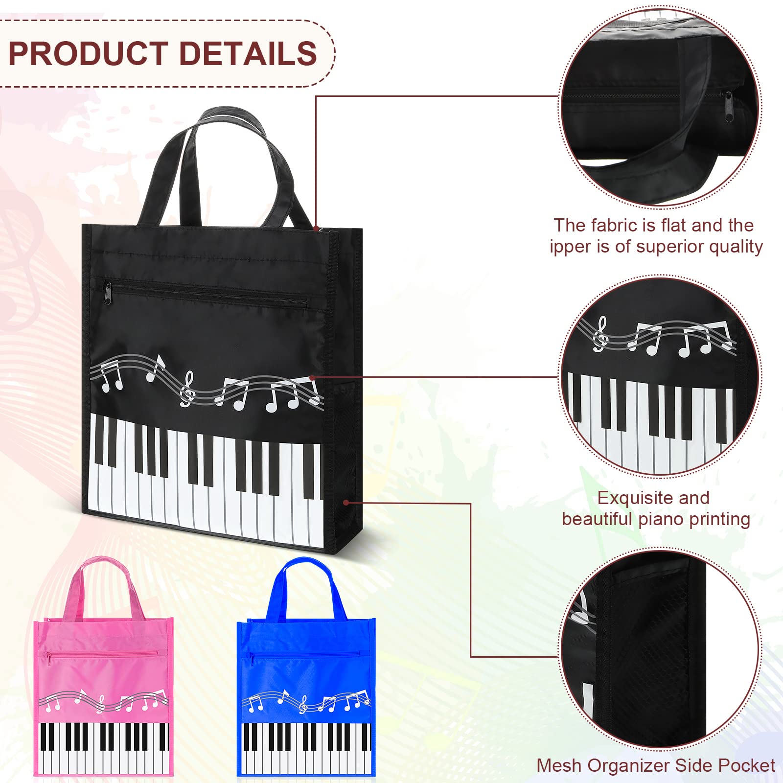 Cunno 3 Pcs Piano Keys Handbag Reusable Tote Bag Shoulder Shopping Bag for Music Teacher Gifts