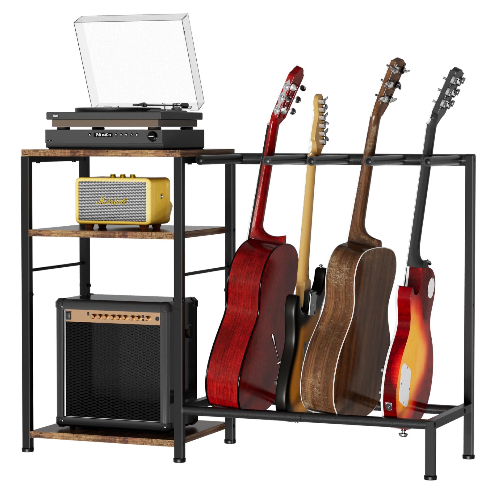 NEYCIL Guitar Stand for 4 Guitars, Adjustable Multiple Guitars Rack with Soft-Padded Protector for Acoustic, Electric, Bass & Ukulele, Guitar Display Stand with 3-tier Shelves for Amp & Vinyl Records