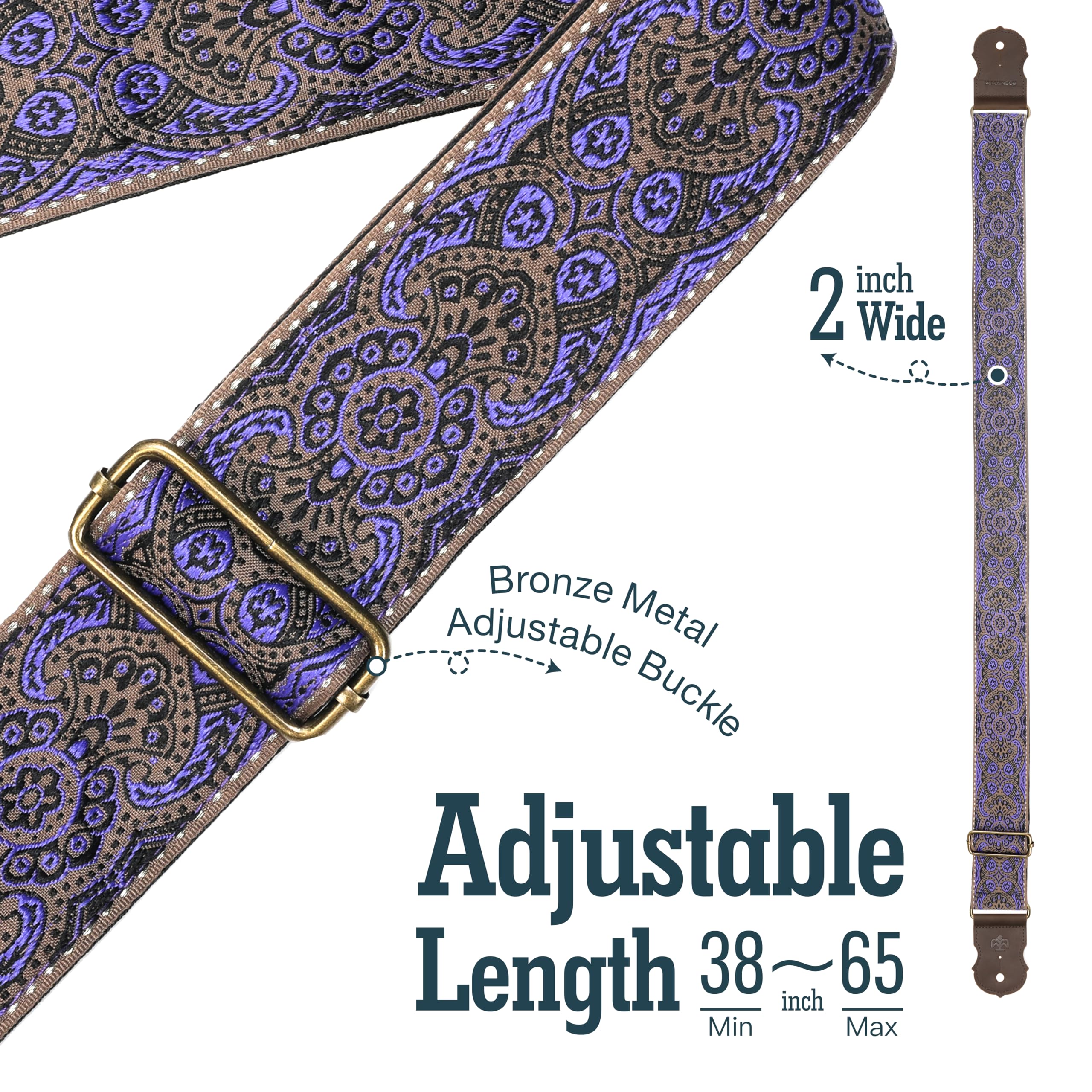 BOONSPARK Guitar Strap – Double Layer Crazy Horse Cowhide Ends,Safe Durable,2in,Soft Adjustable Guitar Straps for Acoustic&Electric Guitars,Bass,Ukulele,Guitarists Gift Set,Purple Blossom