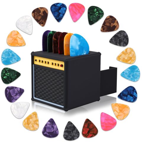 Dexspoeny 22Pcs Guitar Picks Holder Box, Vintage Amp Guitar Pick Holder with 21 Celluloid Guitar Picks, 3D Printed Retro Pick Storage Box & Display Stand for Guitarists and Music Enthusiasts