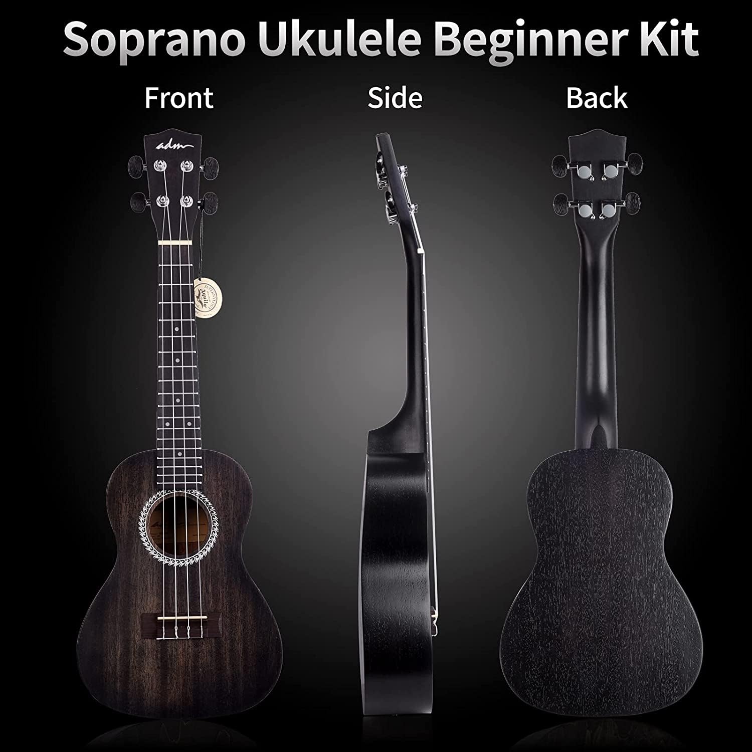 ADM Ukulele Beginner Kit Mahogany Hawaiian Wood Ukelele Bundle Ukalalee Set with Uke Free Starter Lessons for kids Students and Adults, Yellow Brown (Red Wine, 23 inch)