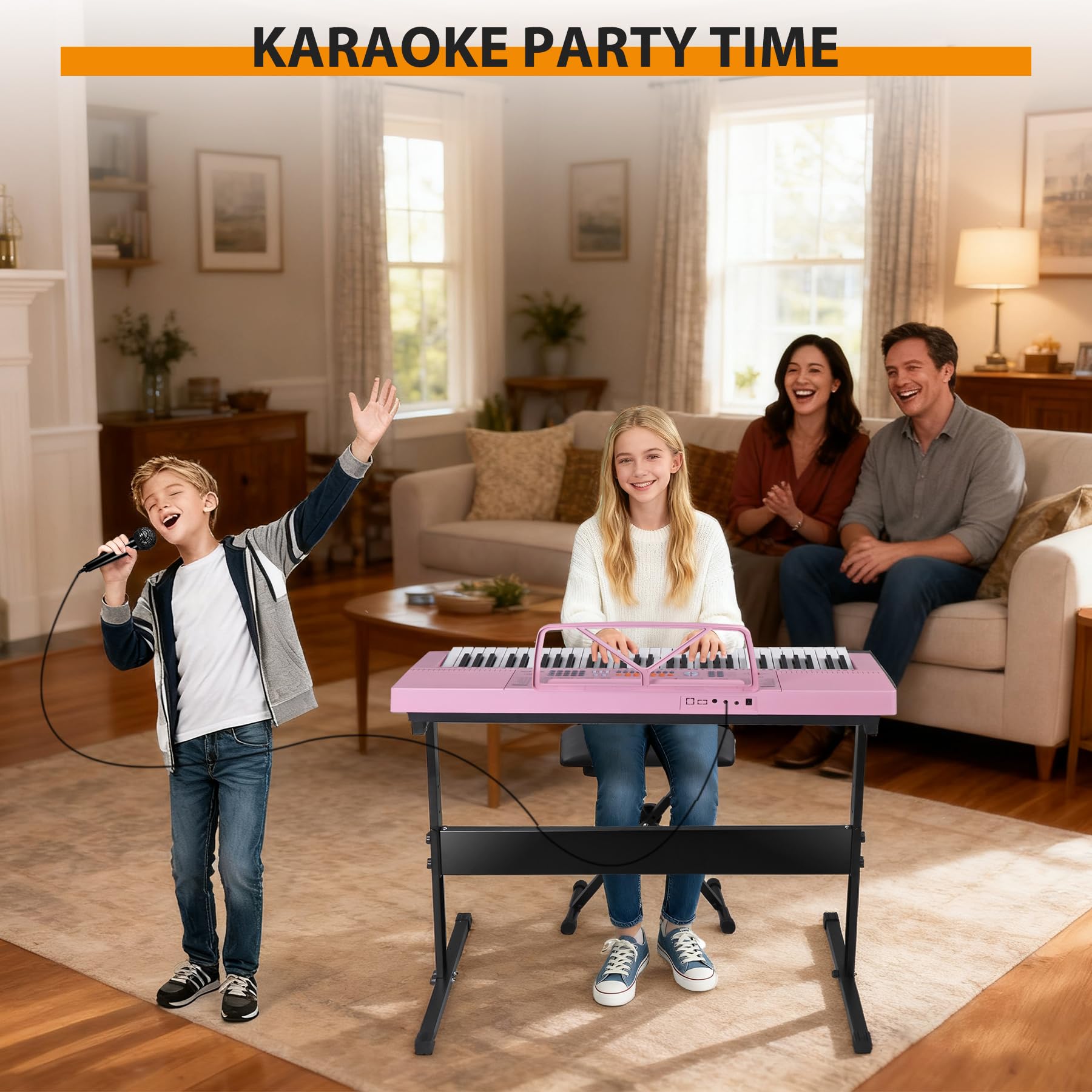 Smartxchoices 61-Key Electronic Keyboard Piano Stand Portable LED Display Keyboard Kit with Adjustable Stand, Adjustable Stool, Headphones, Microphone & Music Rest, Pink