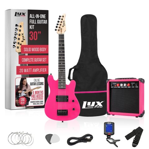 LyxPro 30 Inch Electric Guitar and Starter Kit for Kids with 3/4 Size Beginner’s Guitar, Amp, Six Strings, Two Picks, Shoulder Strap, Digital Clip On Tuner, Guitar Cable and Soft Case Gig Bag – Pink
