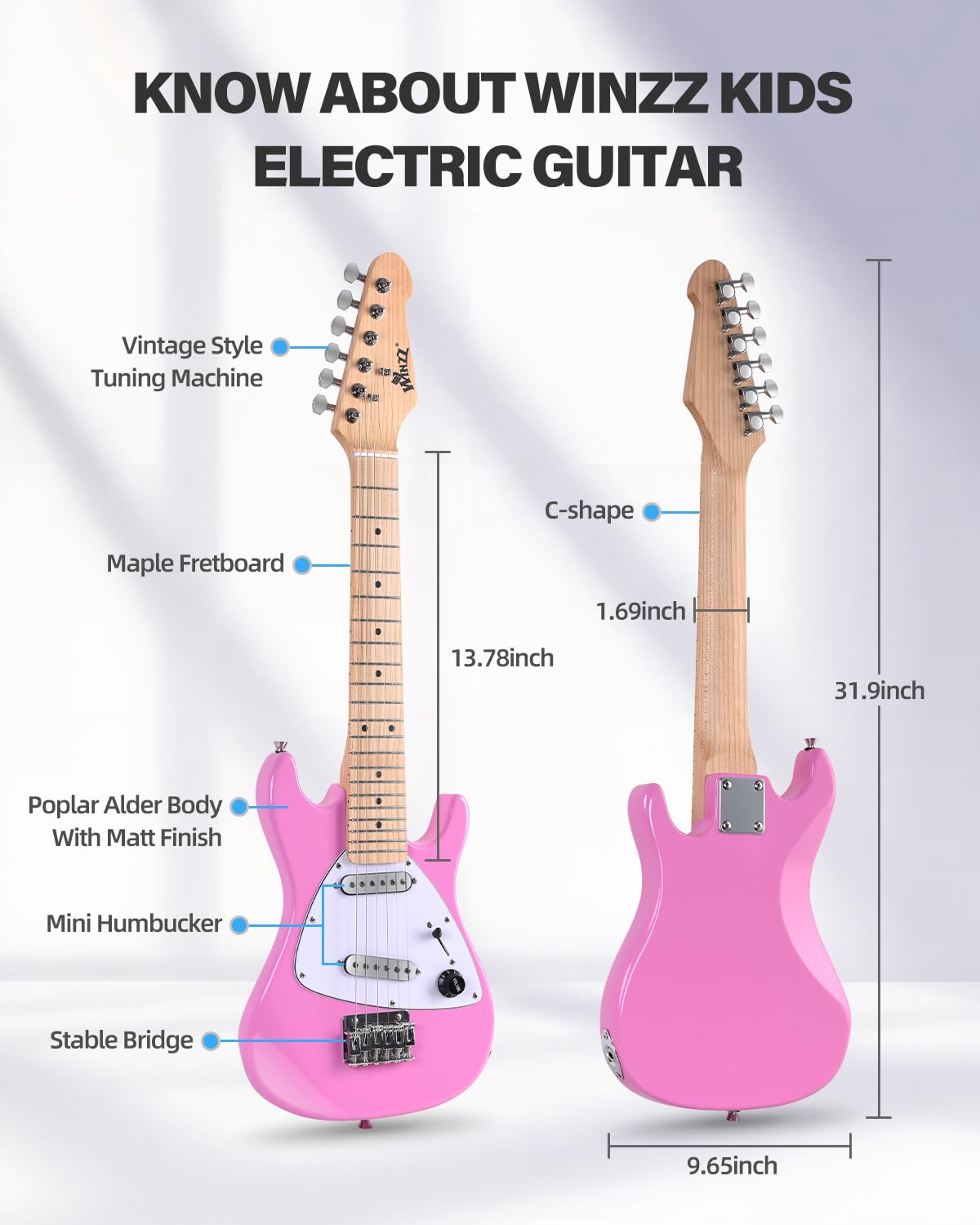Winzz 30 Inch Kids Electric Guitar Beginner Kit, Junior 1/4 Size Mini Electric Guitar for Children Complete Stater Set with Amp, Gloosy Pink Colour