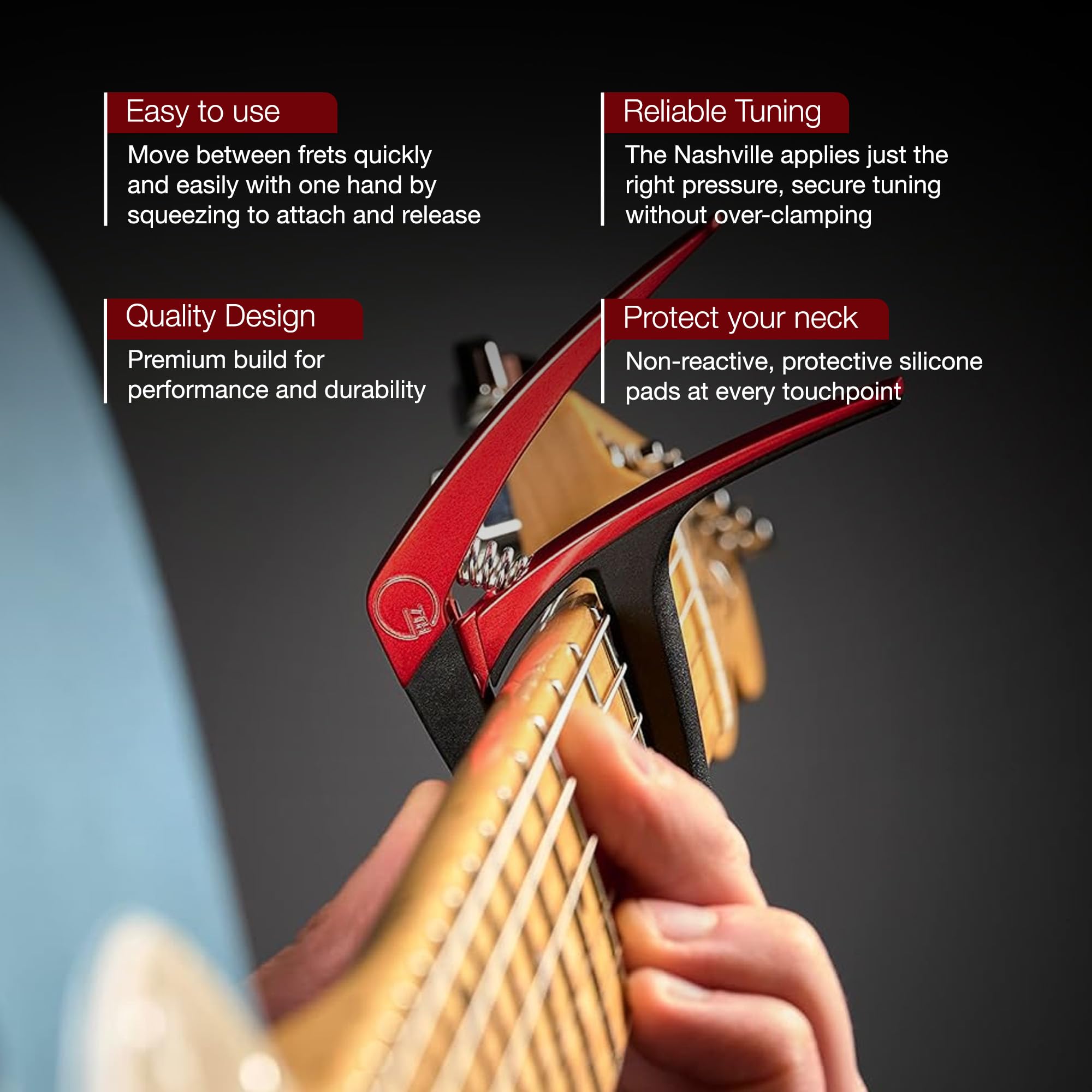 G7th Nashville 6 String Red Guitar Capo – Lightweight and Low Profile with Protective Silicone Pads – The Perfect Capo for Acoustic and Electric Guitar – UK Designed