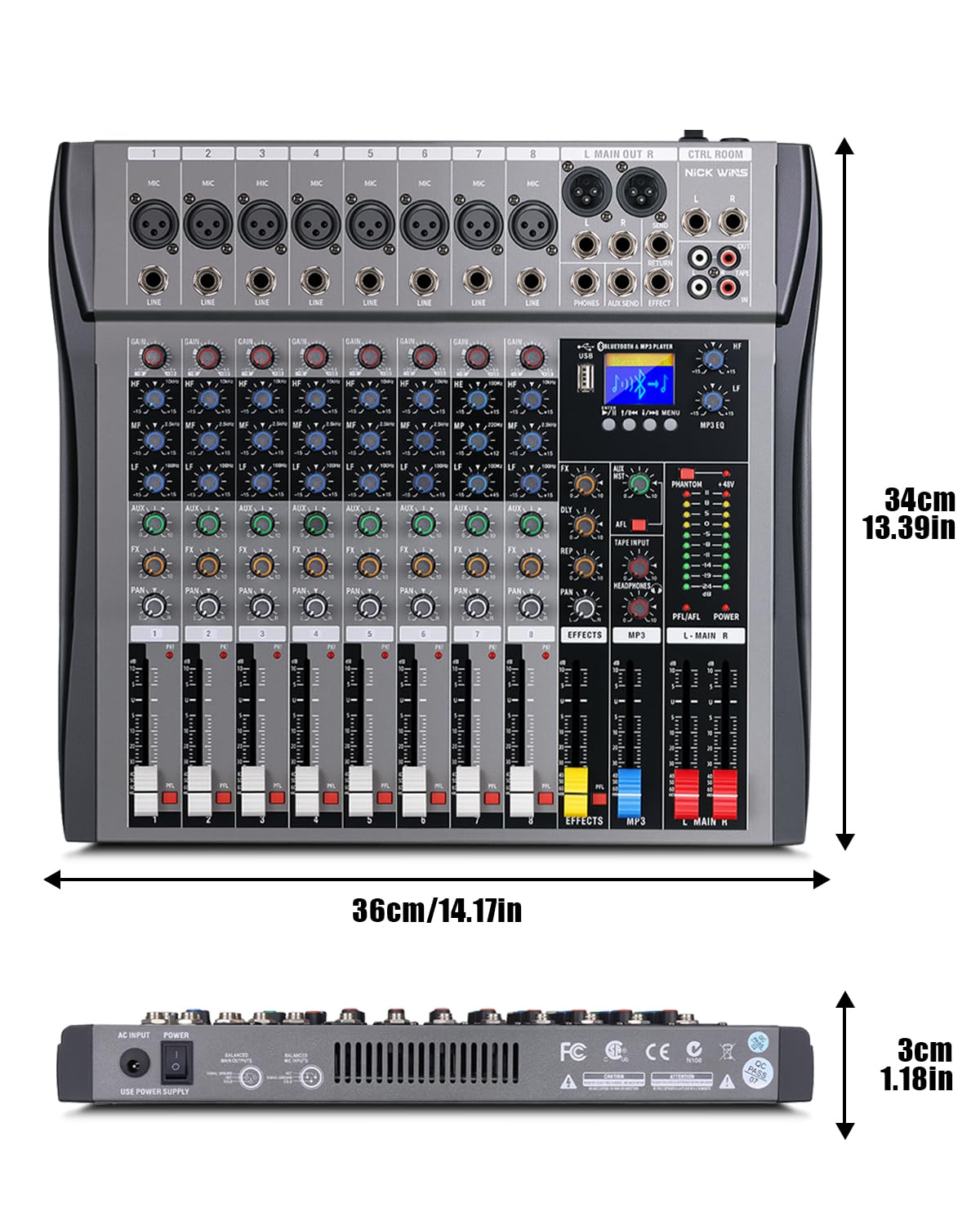 8 Channel mixer professional Audio Mixer, dj mixer with Individual Channel Control and USB Audio Recording & Editing via Computer, All-Metal mezcladora para dj (8 Channel)