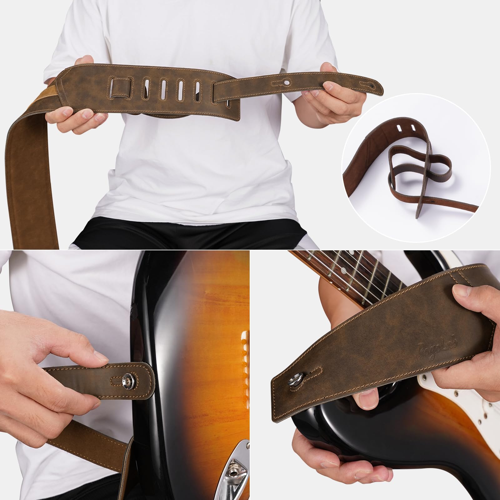 POGOLAB Leather Guitar Strap, 3 inch Wide Comfortable Foam Cushion Padded Bass Strap, Adjustable Length from 51″ to 57″, with Strap Locks & Picks, for Bass/Electric/Acoustic Guitar (Brown)