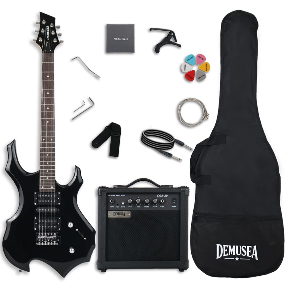 Demusea Golssy Black Cool Shape Electric Guitar With 20W Amplifier Set Non Recharge Solid Wood Build For Starter Practice (FIRE, Black)