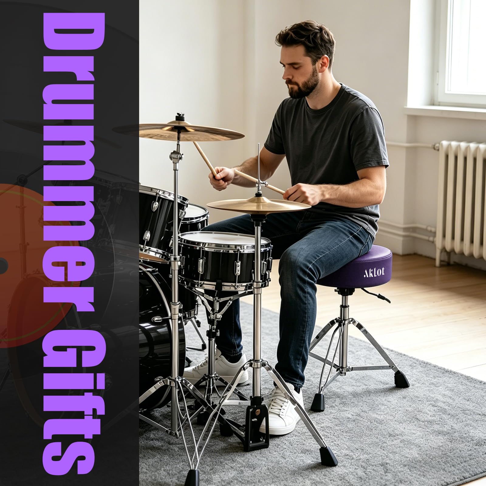 AKLOT Drum Throne, Hydraulic Round Drum Stool, 4.1in Memory Foam Seat, Adjustable Heavy Duty Chair 440 lbs Capacity for Adult Drummer Drum Set Practice, Recording and Live Performance Purple