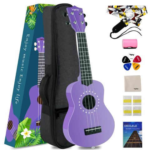 VANPHY Soprano Ukulele for Kids 21 Inch Ukelele with Bag Strap Picks Songbook Cleaning Cloth Suitable for Adults and Beginners（Purple）