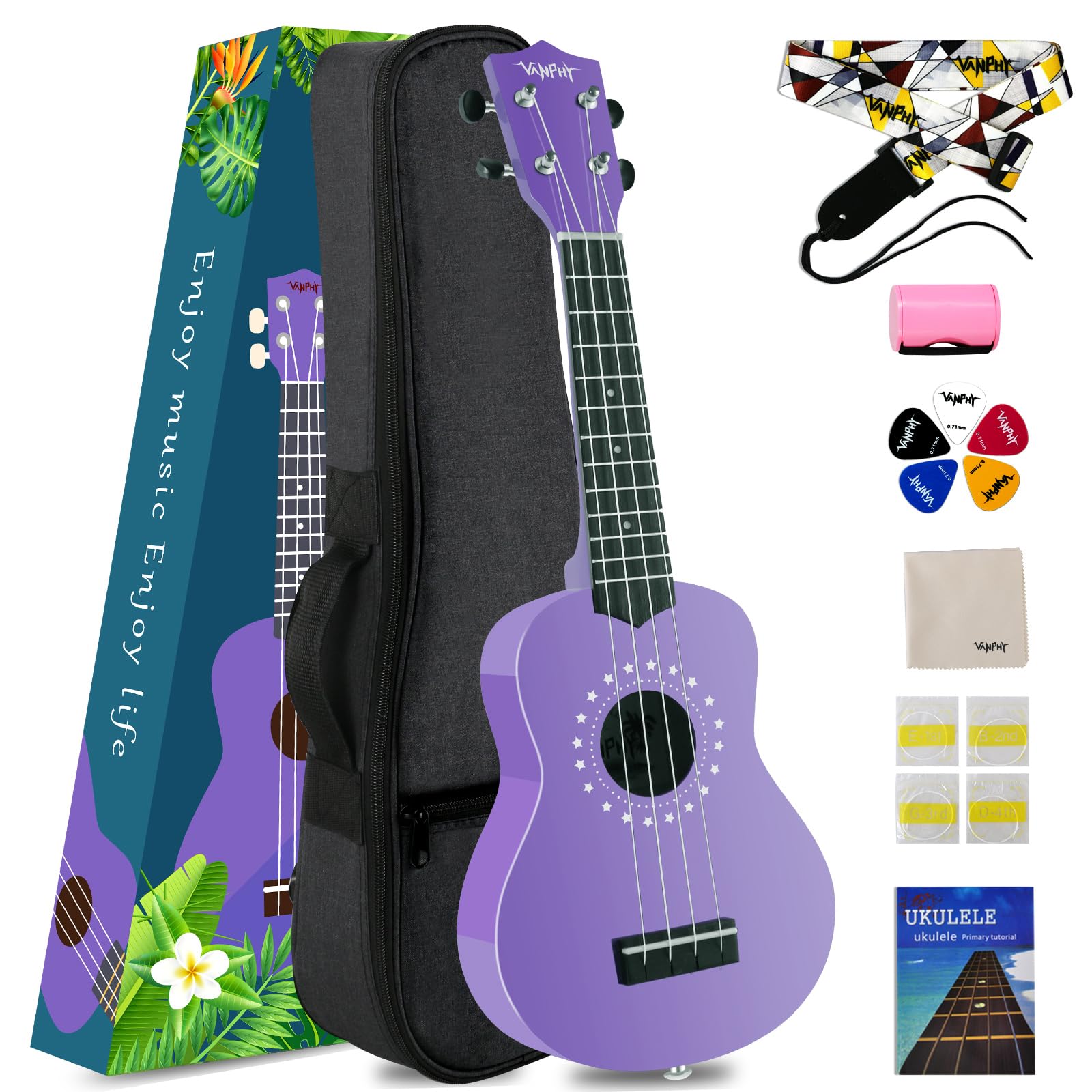 VANPHY Soprano Ukulele for Kids 21 Inch Ukelele with Bag Strap Picks Songbook Cleaning Cloth Suitable for Adults and Beginners(Purple)