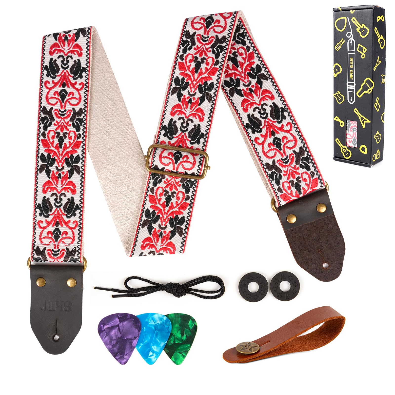 Guitar Strap,Jacquard Cotton Guitar Straps with Real Leather Ends for Acoustic,Electric Guitars and Bass,with Free 1 Head strap, 2 Anti Slip Buckle and 3 Guitar Picks (GS-75-5 Meter red jacquard)