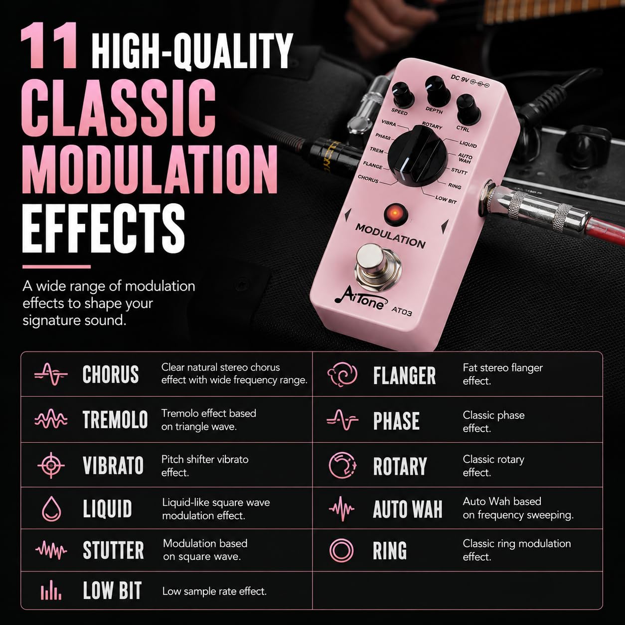 AITONE Guitar Modulation Pedal, 11 Effects, Chorus Flanger Phaser (AT-03)