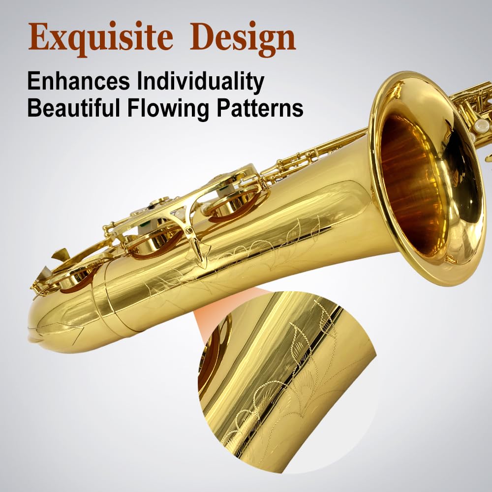 Vetimobato B Flat Tenor Saxophone Gold Brass Lacquer Student Bb Tenor Sax Kit for Adults Beginners Intermediate Players with Hard Case Mouthpiece Reeds Neck Strap Cleaning Set (Golden Tenor)