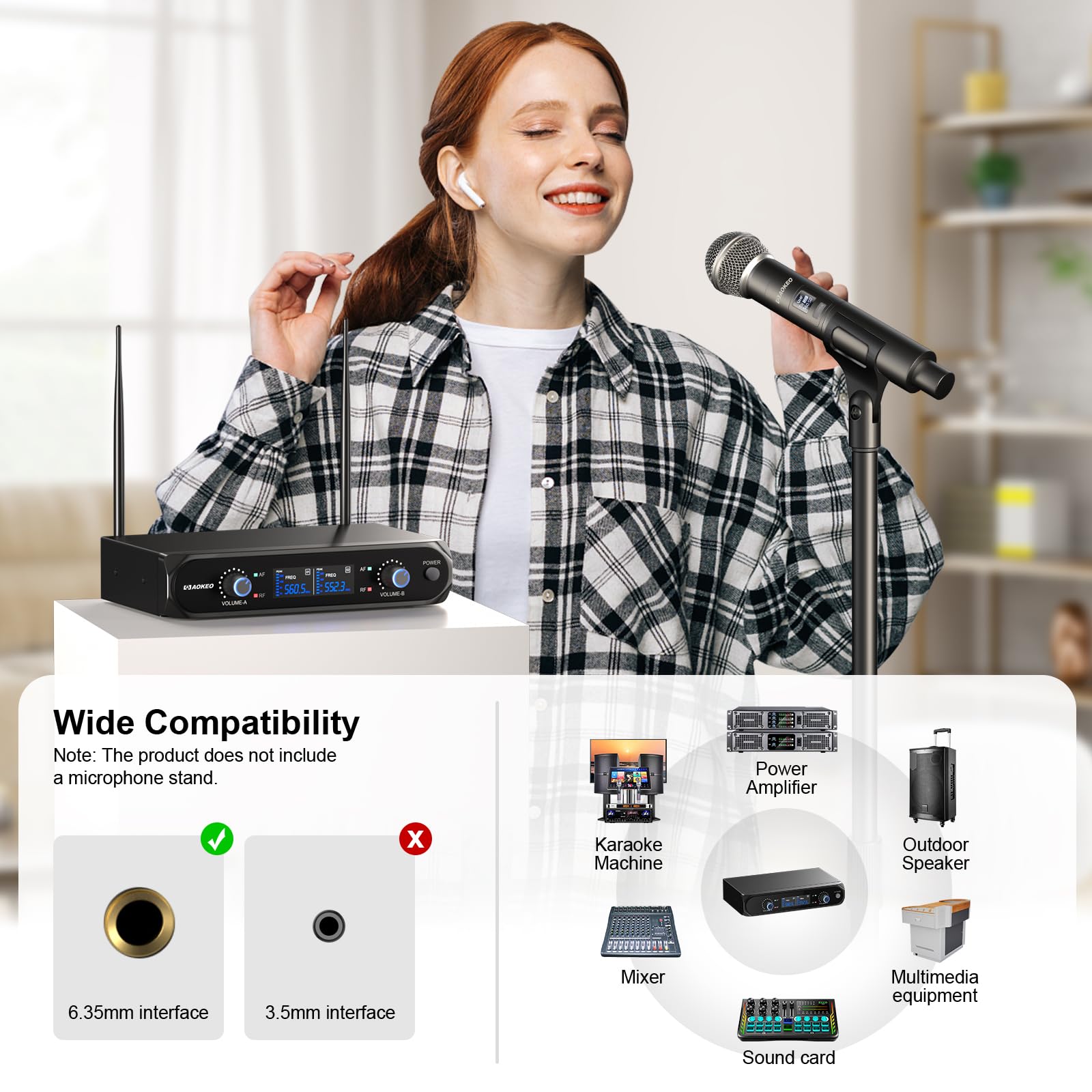 Aokeo Wireless Microphone System, Metal Wireless Mic Set with Case,Handheld Cordless Dynamic Microphones for Singing, Karaoke, Church, DJ,100ft Range