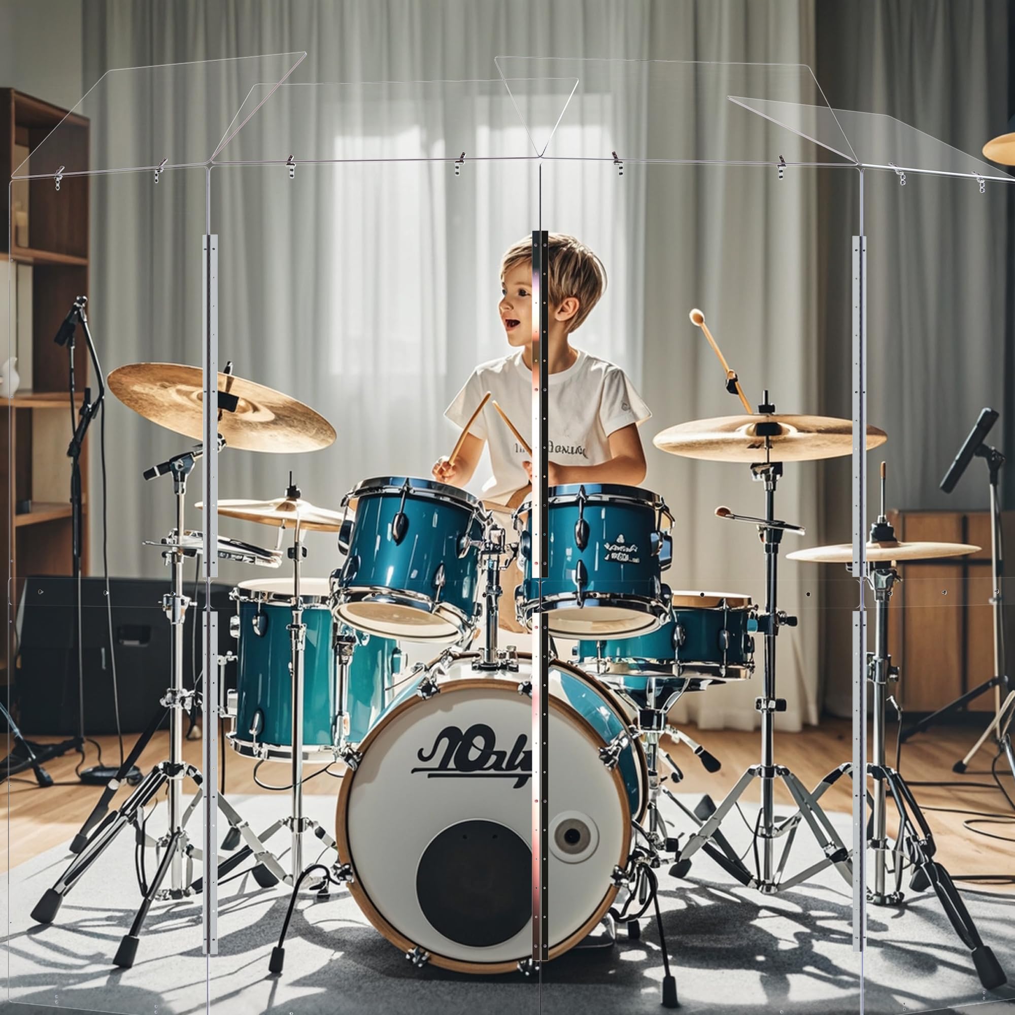 Portable Drum Shield | 5 Panels 2ft x 5ft w/Deflectors | Converts to 2ft x 6ft | Factory-Installed Full-Length Stainless Steel Hinges | Acrylic drum Sound Barrier (5 Panels w/Deflectors)