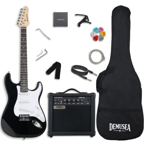 Demusea Full Size Solid Body Electric Guitar Kit With 20W Amp Black Color SSS Pickup Single Tremolo 25.5 Inch Scale Length Maple Neck All In One For Beginner Starter Bag Noiseless Cable Capo Strap In