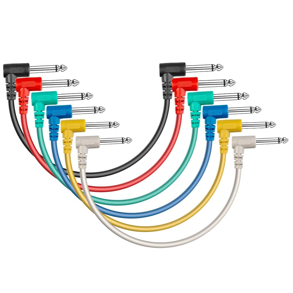 SONICAKE 10 Inch Guitar Patch Cable 6-Pack, Guitar Effects Pedal Board Cord, 1/4″ TS Right Angle Instrument Cables, Colored